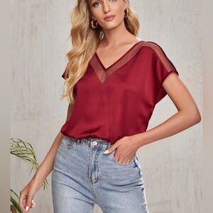 Shein Women’s Clasi Sheer Mesh Insert Red Satin Top Blouse Size Large